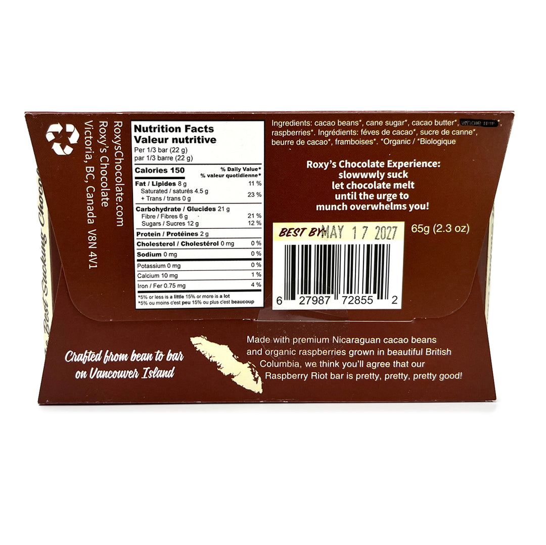 Raspberry Riot Chocolate Bar | 75% dark chocolate + raspberries